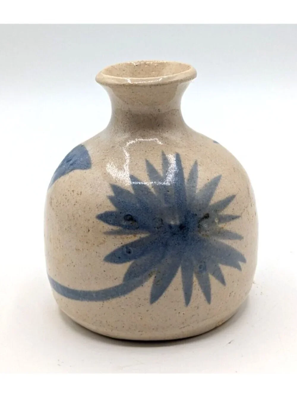 Pair Studio Art Pottery Bud Vase Blue Floral Design Signed Vintage 4